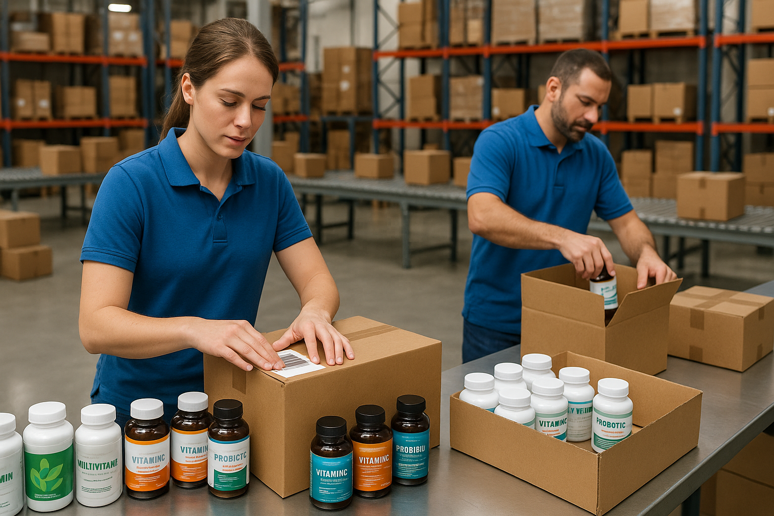 Health supplements being inspected and prepared for Amazon FBA shipment at China Fulfillment warehouse